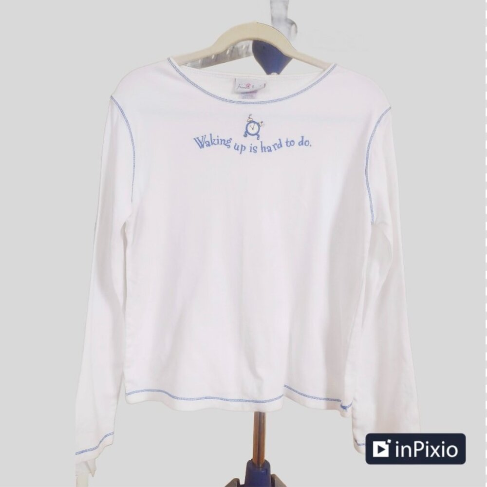 French Jenny Waking Up is Hard to Do White Blue Size XL Cotton Sleepshirt